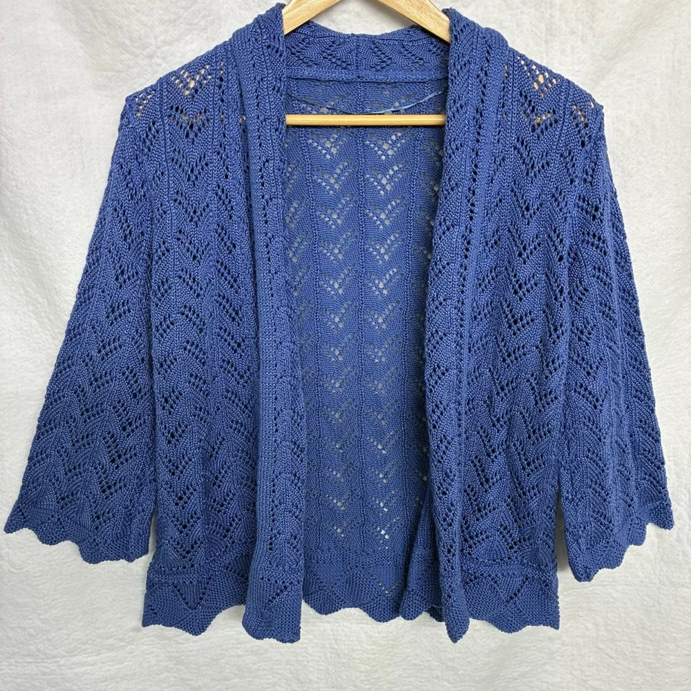 Blue Pointelle Knit Bolero Cardigan Open Front Lace Shrug Boho Cottagecore - Picture 1 of 5